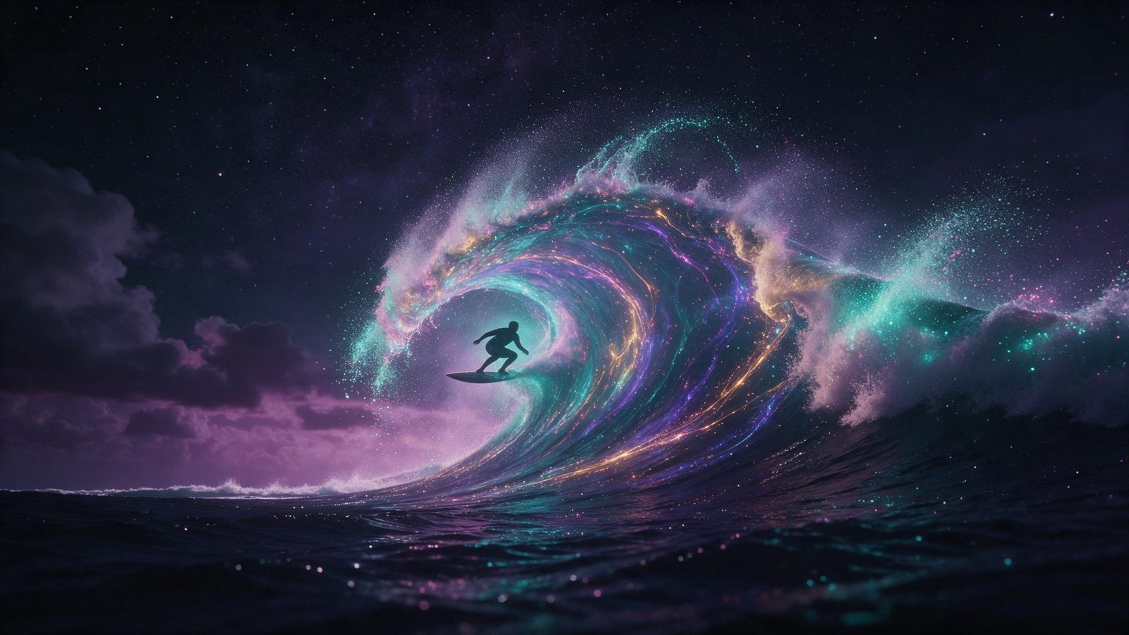 A surfer riding a giant glowing wave of prismatic light at night