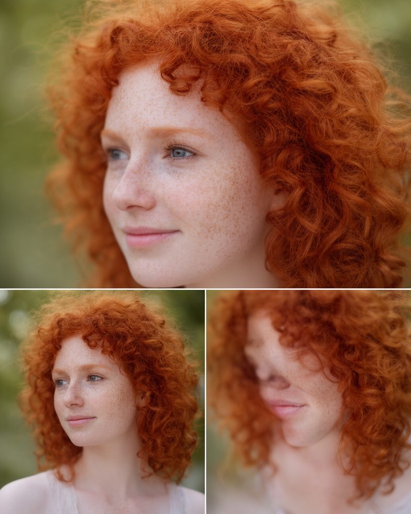 The same red-haired woman with freckles seen from three angles
