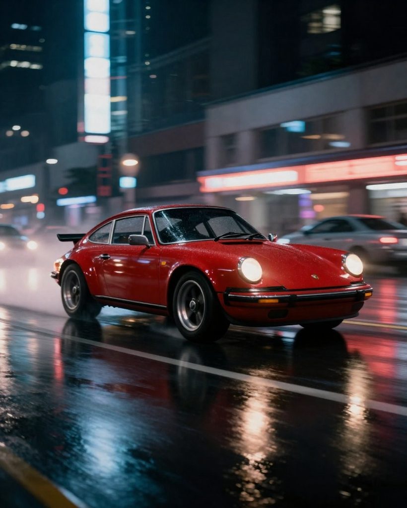 Red vintage sports car drifting on a rainy neon street at night